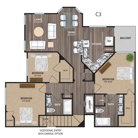 C3 - Three Bedroom, Two Bathroom 00214 floor plan